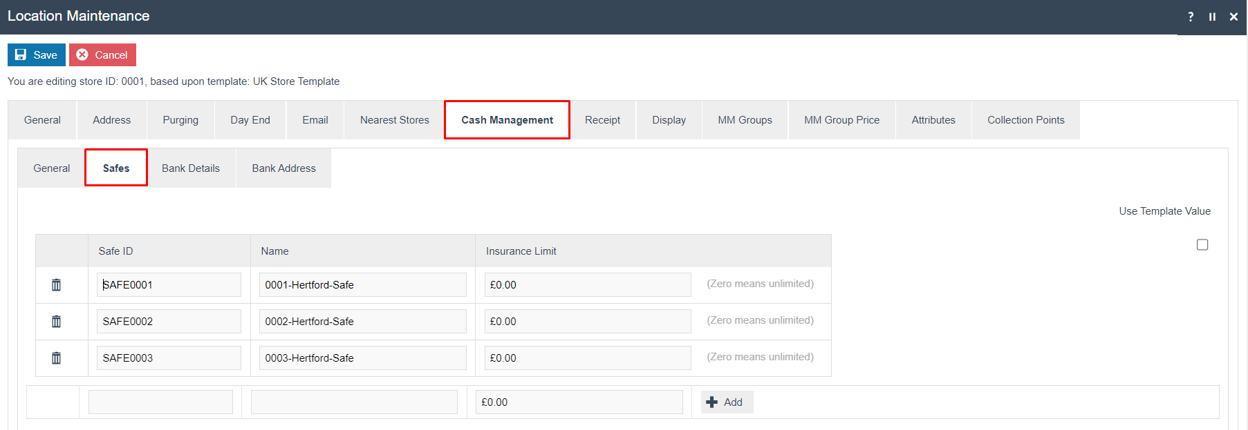 Location Maintenance - Cash Management Safe tab showing Safe ID field set to 1 and Name set to Store Safe.