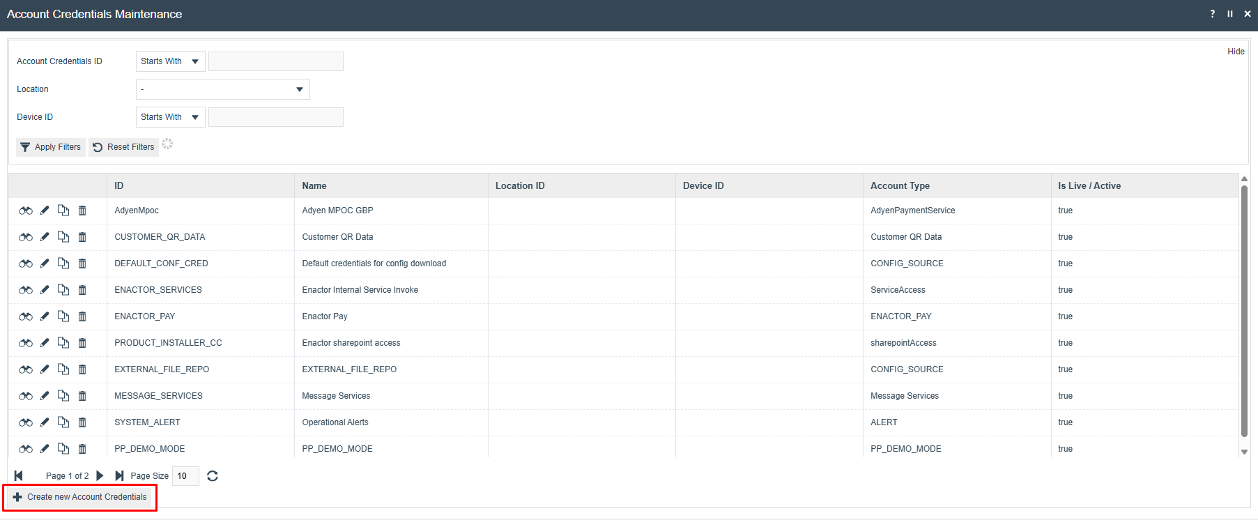 Account Credentials Maintenance list showing configured credential records. The list includes AdyenMpoc with Account Type AdyenPaymentService and Is Live/Active true, along with other system credential records.