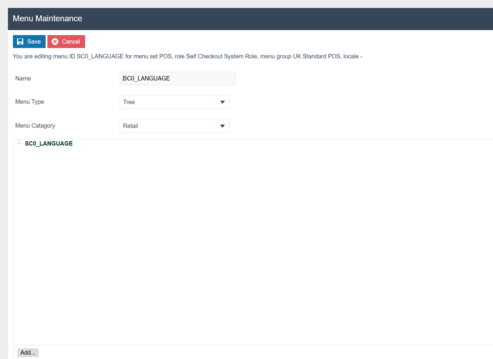 Menu Maintenance screen showing the SCO_LANGUAGE menu with Name set to SCO_LANGUAGE, Menu Type Tree, and Menu Category Retail