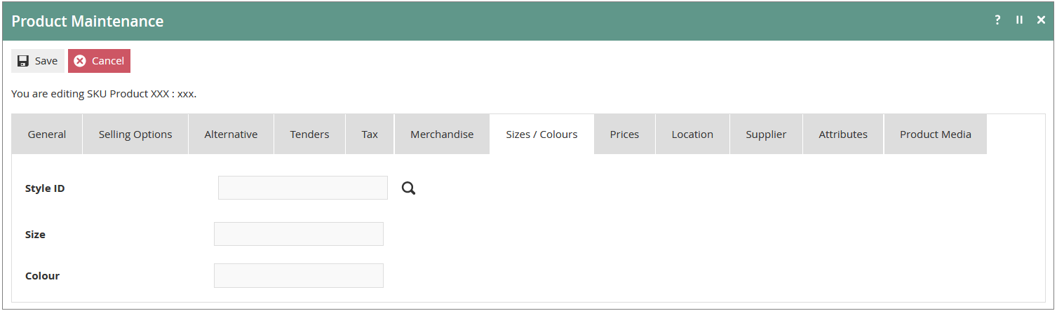 Product Maintenance Sizes/Colours tab for a SKU Product showing the Style ID, Size and Colour fields