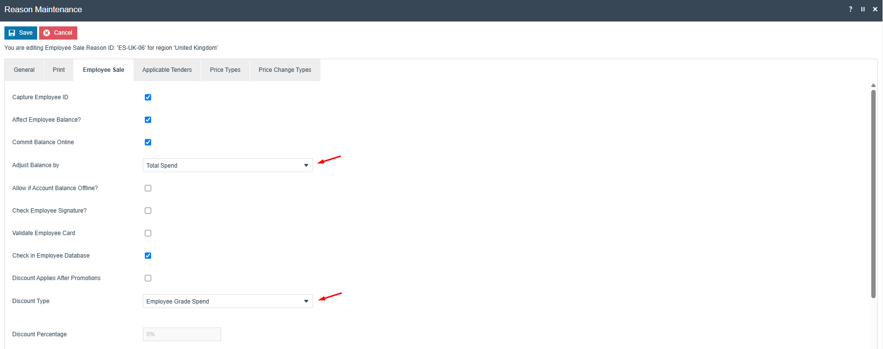 Employee Sale Reason Employee Sale tab with Discount Type set to Employee Grade Spend and Adjust Balance by Total Spend.