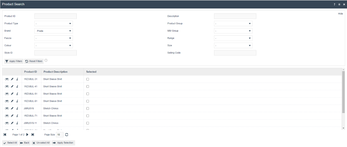 Product Search screen showing search results filtered by Brand Prada. Multiple products are listed with checkboxes for selection.