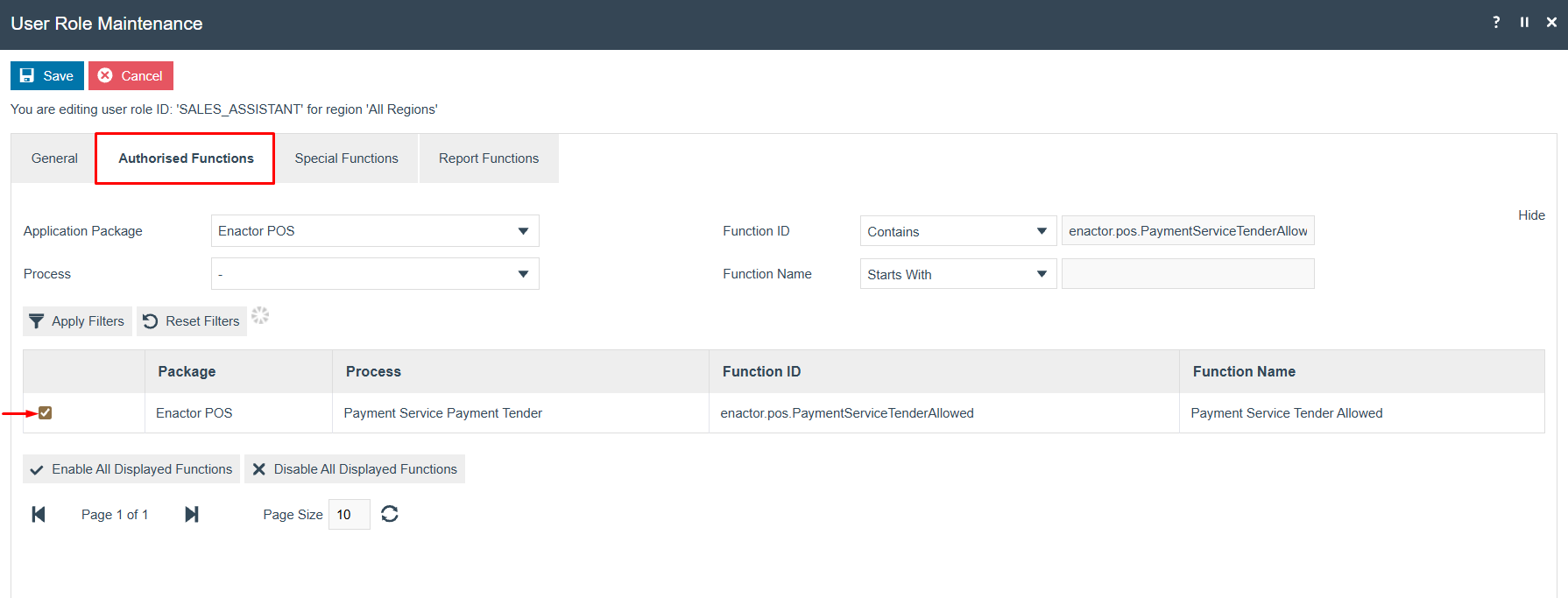 User Role Maintenance Authorised Functions tab for SALES_ASSISTANT. The filter shows enactor.pos.PaymentServiceTenderAllowed from the Enactor POS package. The checkbox for this function is checked.
