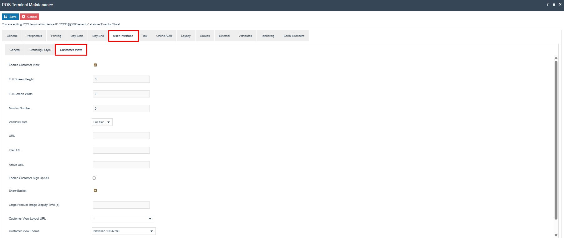 POS Terminal User Interface tab (Customer View sub-tab) with Enable Customer View and Show Basket checked and Customer View Theme NextGen 1024x768.