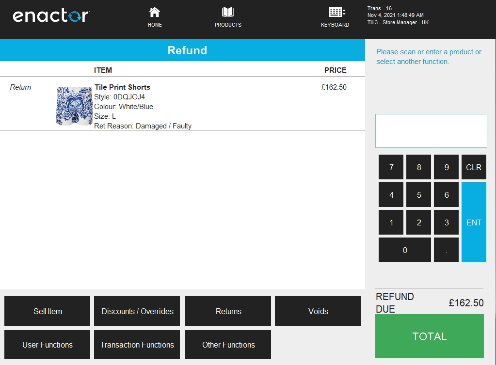 Enactor POS Refund screen showing a return of Tile Print Shorts for -162.50 with Refund Due of 162.50.