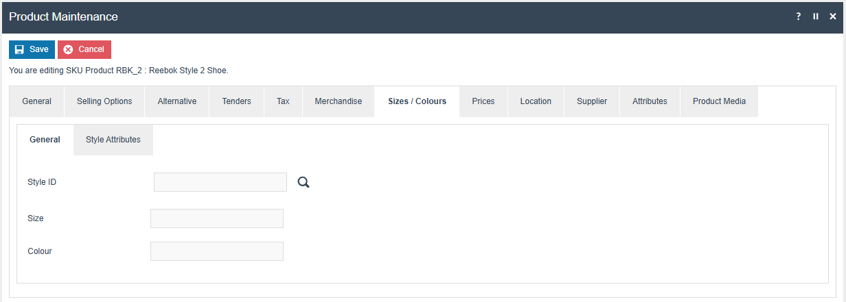Product Maintenance Sizes/Colours tab for a SKU Product showing the Style ID, Size and Colour fields