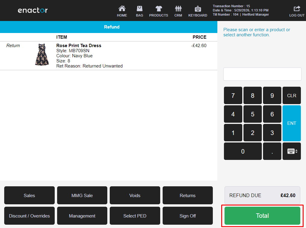 POS refund screen. Rose Print Tea Dress return of -42.60 GBP is shown. REFUND DUE is 42.60 GBP and the Total button is highlighted.