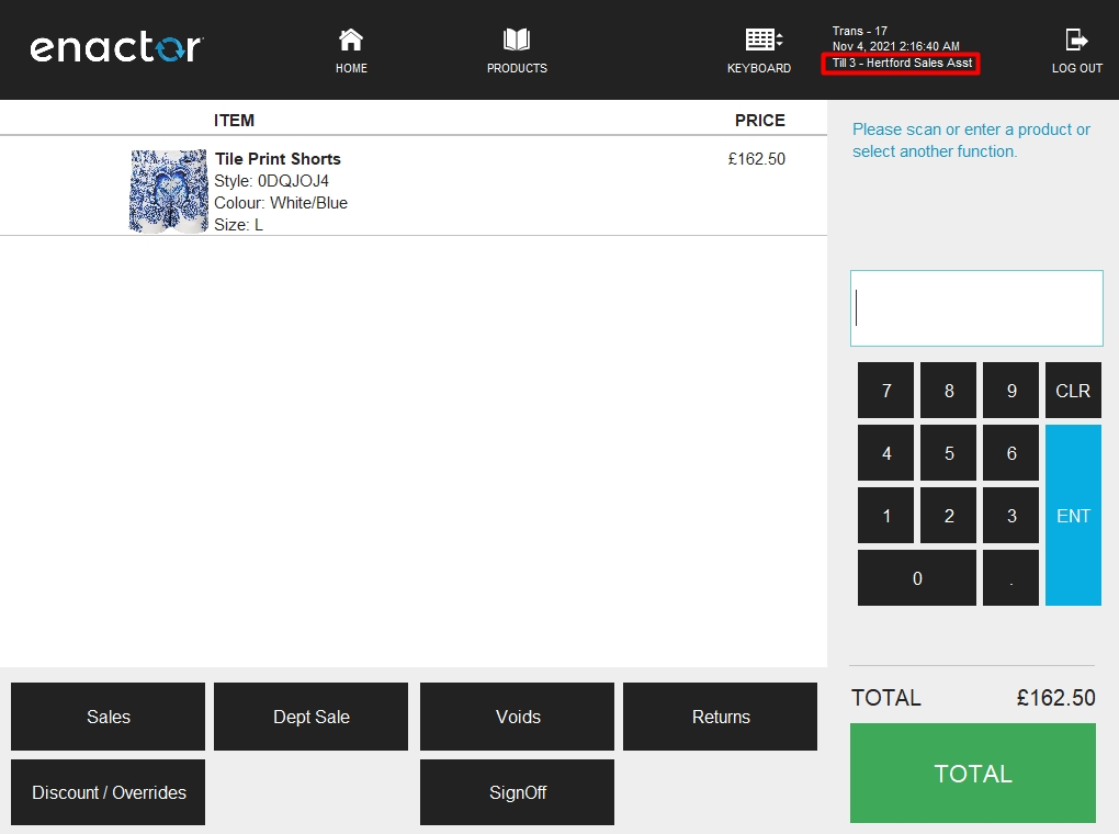 Enactor POS sale screen for Hertford Sales Asst showing Tile Print Shorts at 162.50.