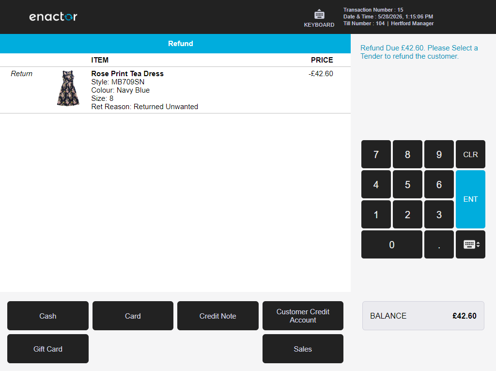 POS tender selection screen showing Cash, Card, Credit Note, Customer Credit Account, Gift Card, and Sales as refund tender options.