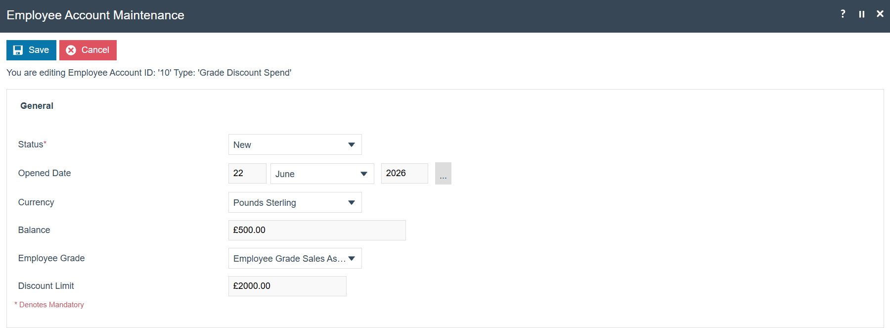 Employee Account edit screen for Grade Discount Spend type showing Employee Grade, Discount Allowance, and Status fields.