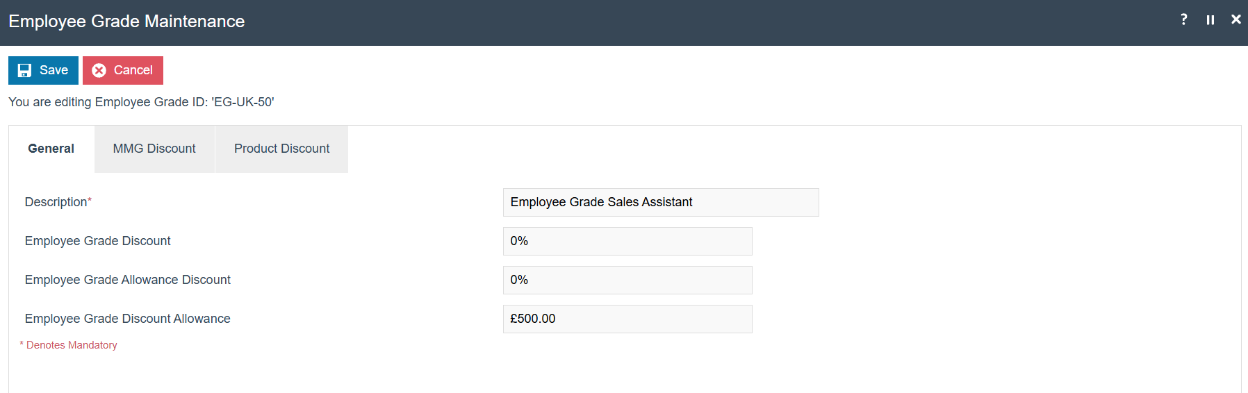 Employee Grade General tab for Employee Grade By MMG type showing that Grade Discount and Allowance Discount fields are not used, only the Discount Allowance.