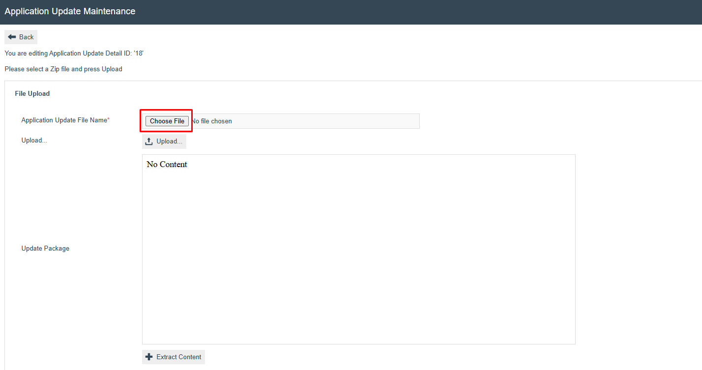 Application Update Maintenance File Upload screen. The Choose File button is highlighted with No file chosen shown. An Upload button and No Content area are visible.