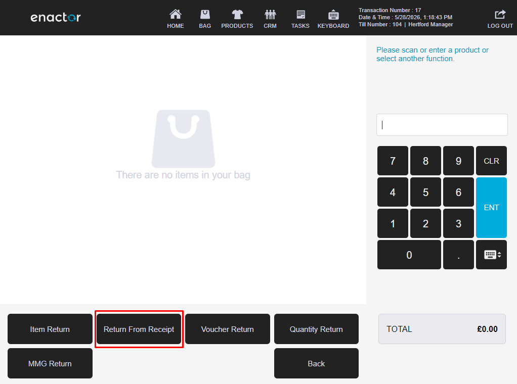 POS Returns sub-menu. Return From Receipt is highlighted.