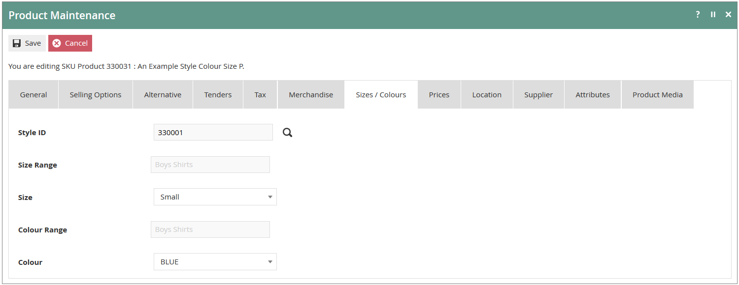 Product Maintenance Sizes/Colours tab for a SKU Product linked to a Style Product with read-only Size Range and Colour Range and dropdown selections for Size and Colour