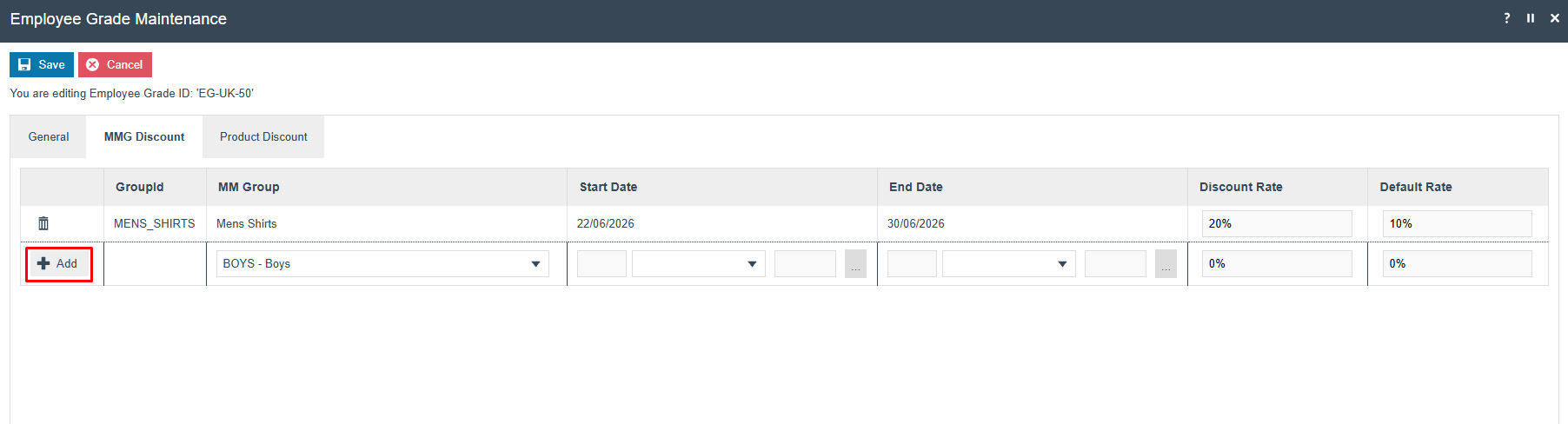 Employee Grade MMG Discount tab showing MM Group, effective dates, Discount Rate, and Default Rate fields with an Add button.