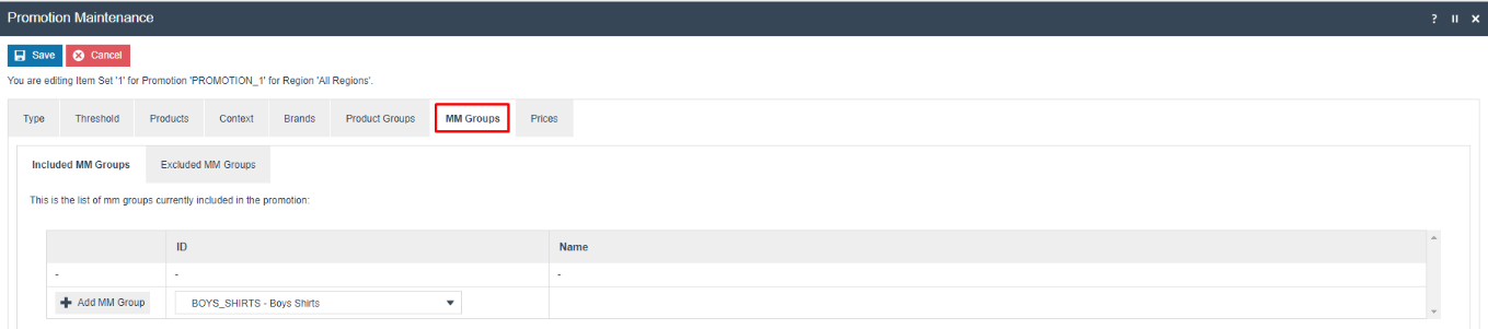 Promotion Maintenance Item Set MM Groups - Included MM Groups tab. Add MM Group dropdown shows BOYS_SHIRTS - Boys Shirts.