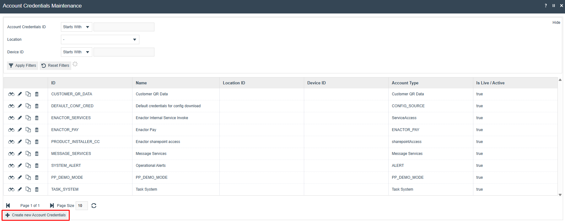 Account Credentials Maintenance list showing existing account credentials including SYSTEM_ALERT. The Create new Account Credentials button is highlighted at the bottom left.