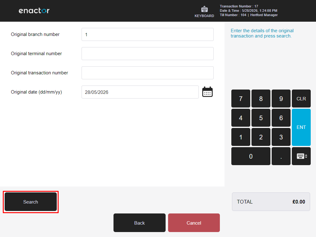 POS transaction search form with Branch, Terminal, Transaction Number, and Date search fields.