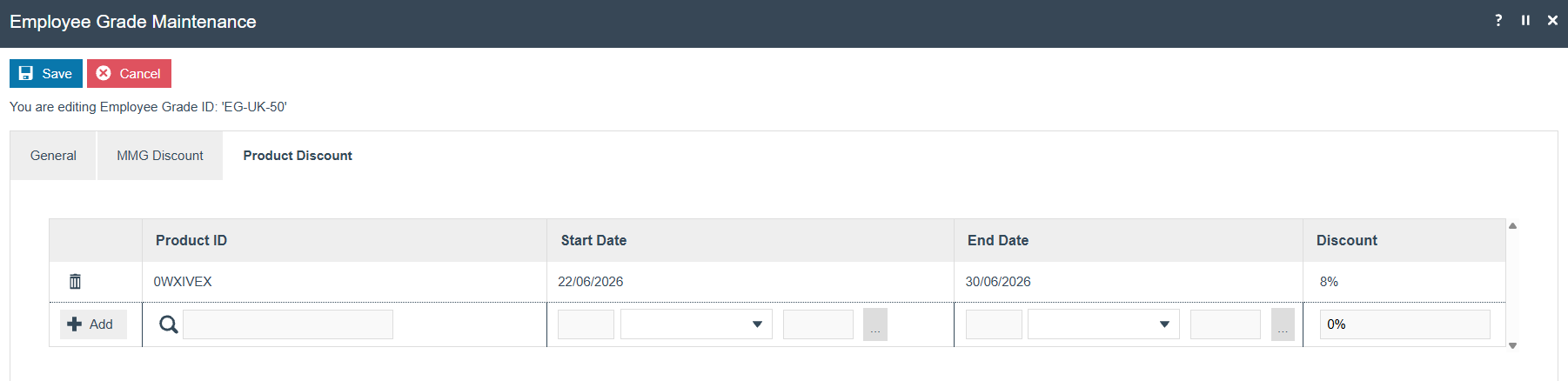Employee Grade Product Discount tab showing Product ID, date range, and Discount fields with an Add button.