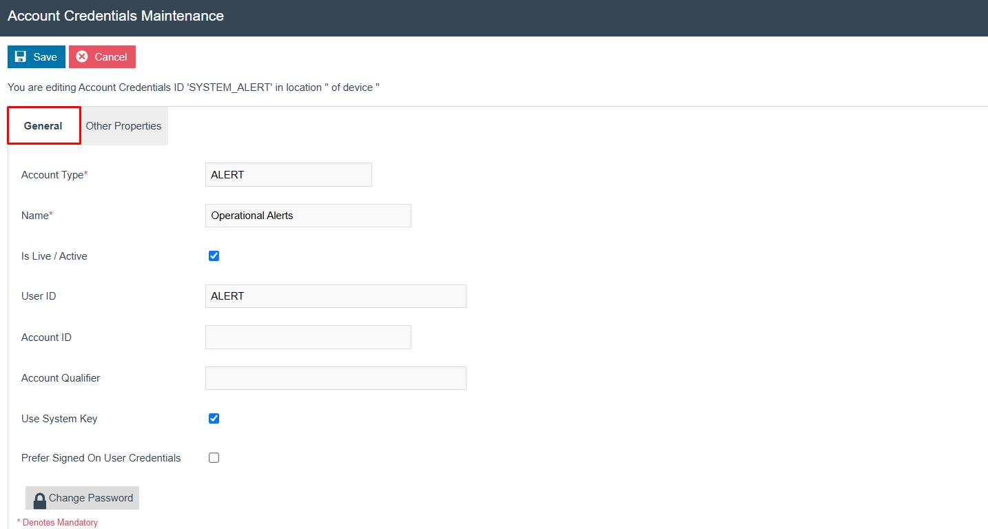 Account Credentials Maintenance General tab for SYSTEM_ALERT. Account Type is ALERT, Name is Operational Alerts, User ID is ALERT, and Use System Key is checked.