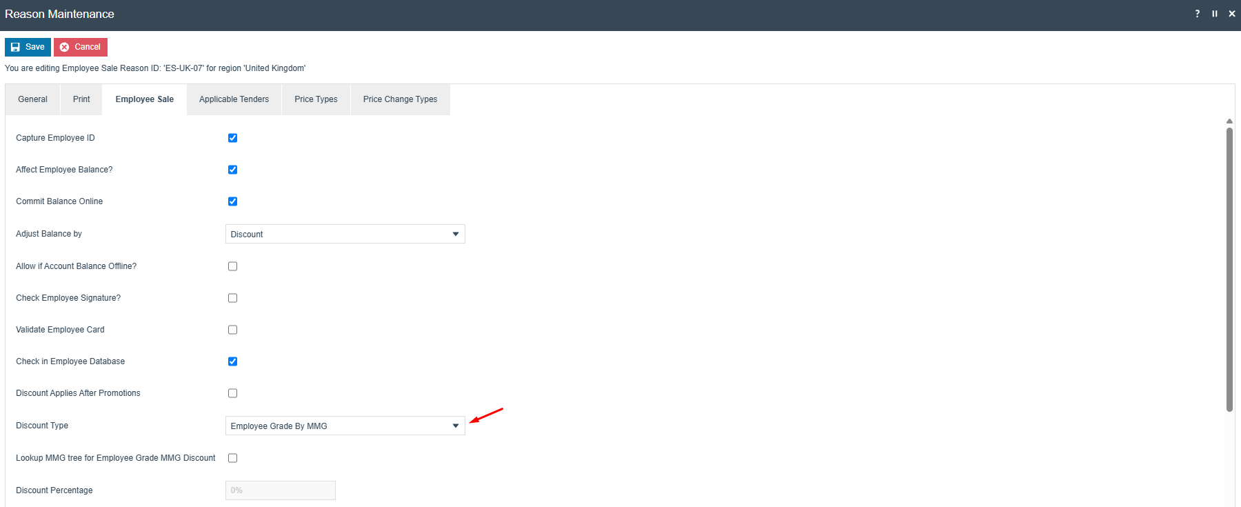Employee Sale Reason Employee Sale tab with Discount Type set to Employee Grade By MMG.