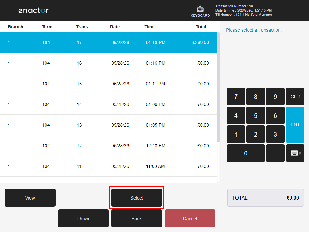 POS transaction search results list. The Select button is highlighted on a transaction row.