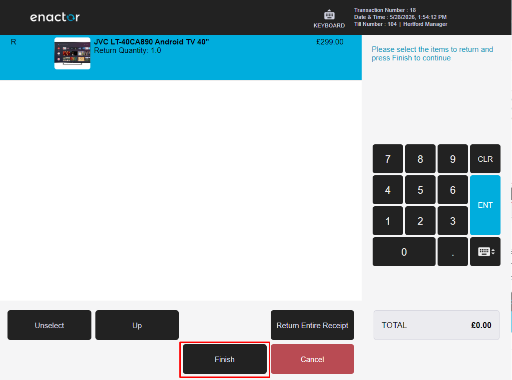 POS item selection screen showing items from the original transaction. JVC TV at 299.00 GBP is selected and the Finish button is highlighted.