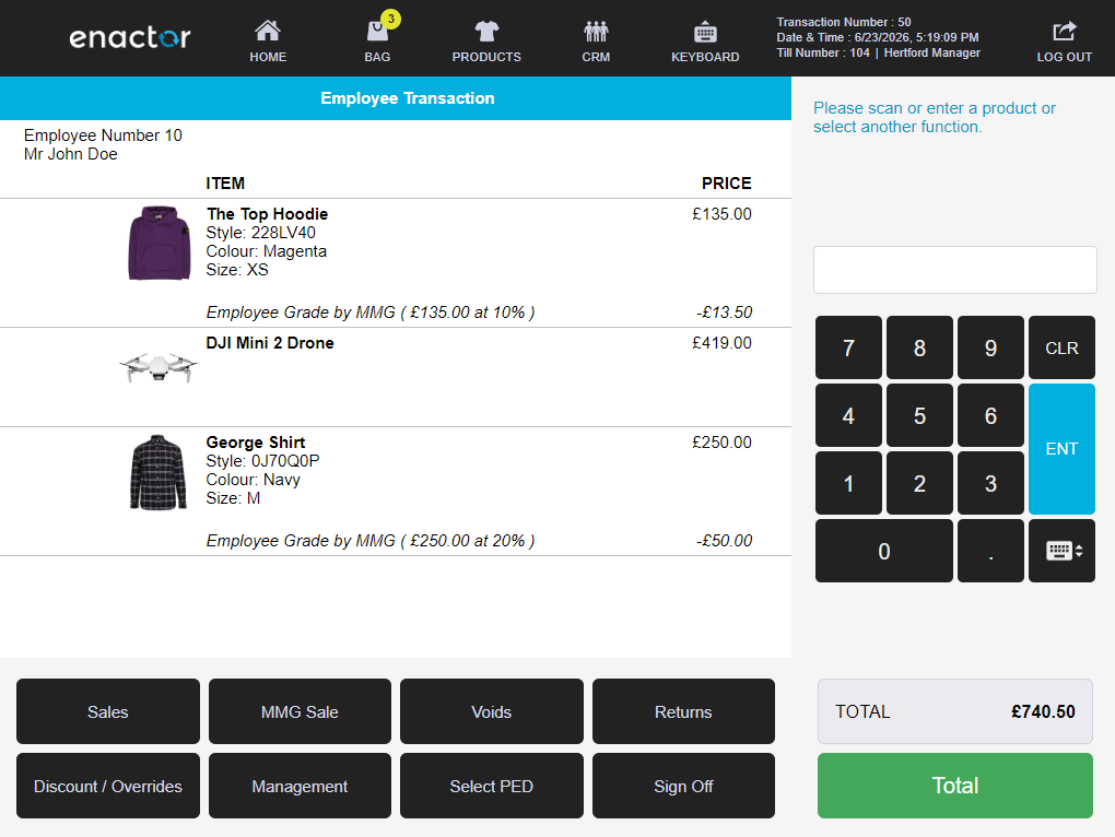 POS Employee Sale transaction showing different discount levels applied per item based on MM Group configuration.