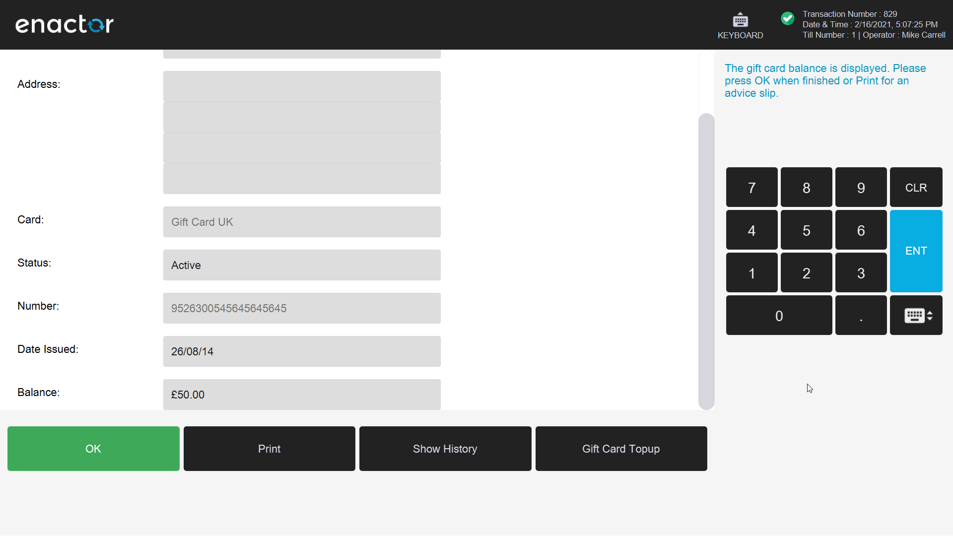 POS Gift Card Enquiry result screen showing the gift card balance with OK and Print buttons.