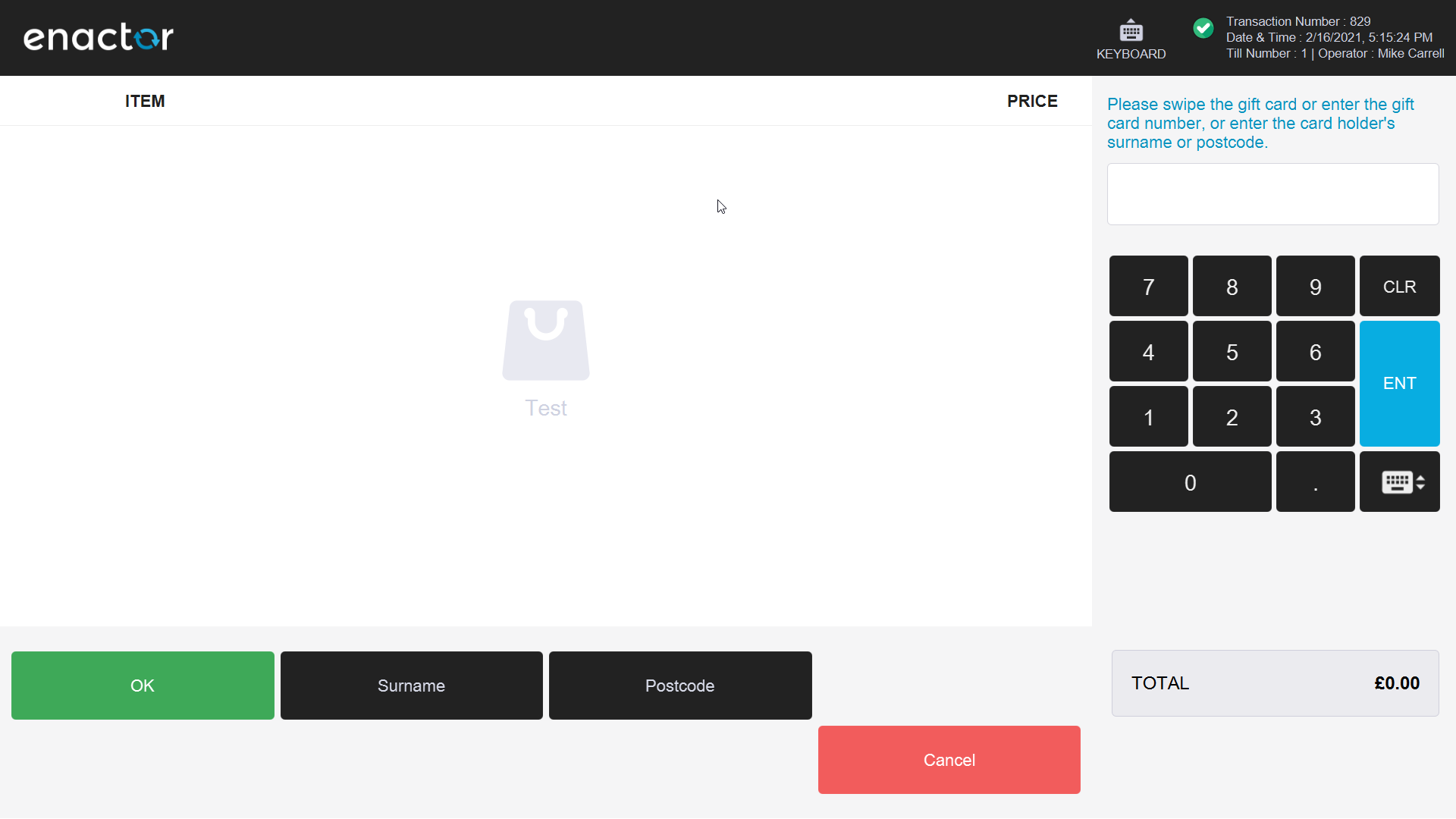 POS Gift Card History screen showing the card number entry prompt.