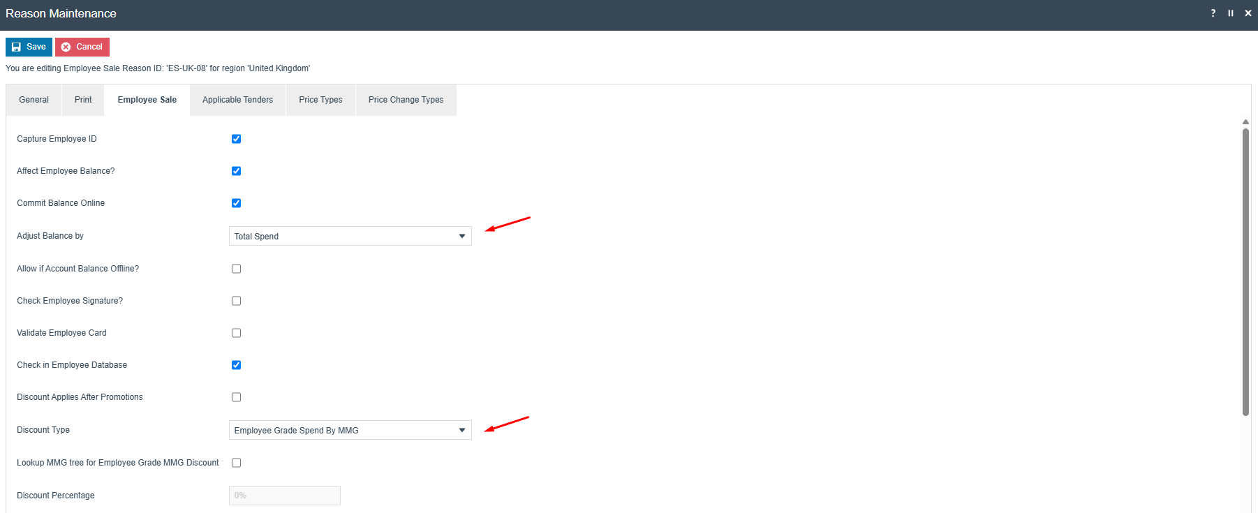 Employee Sale Reason Employee Sale tab with Discount Type set to Employee Grade Spend By MMG and Adjust Balance by Total Spend.