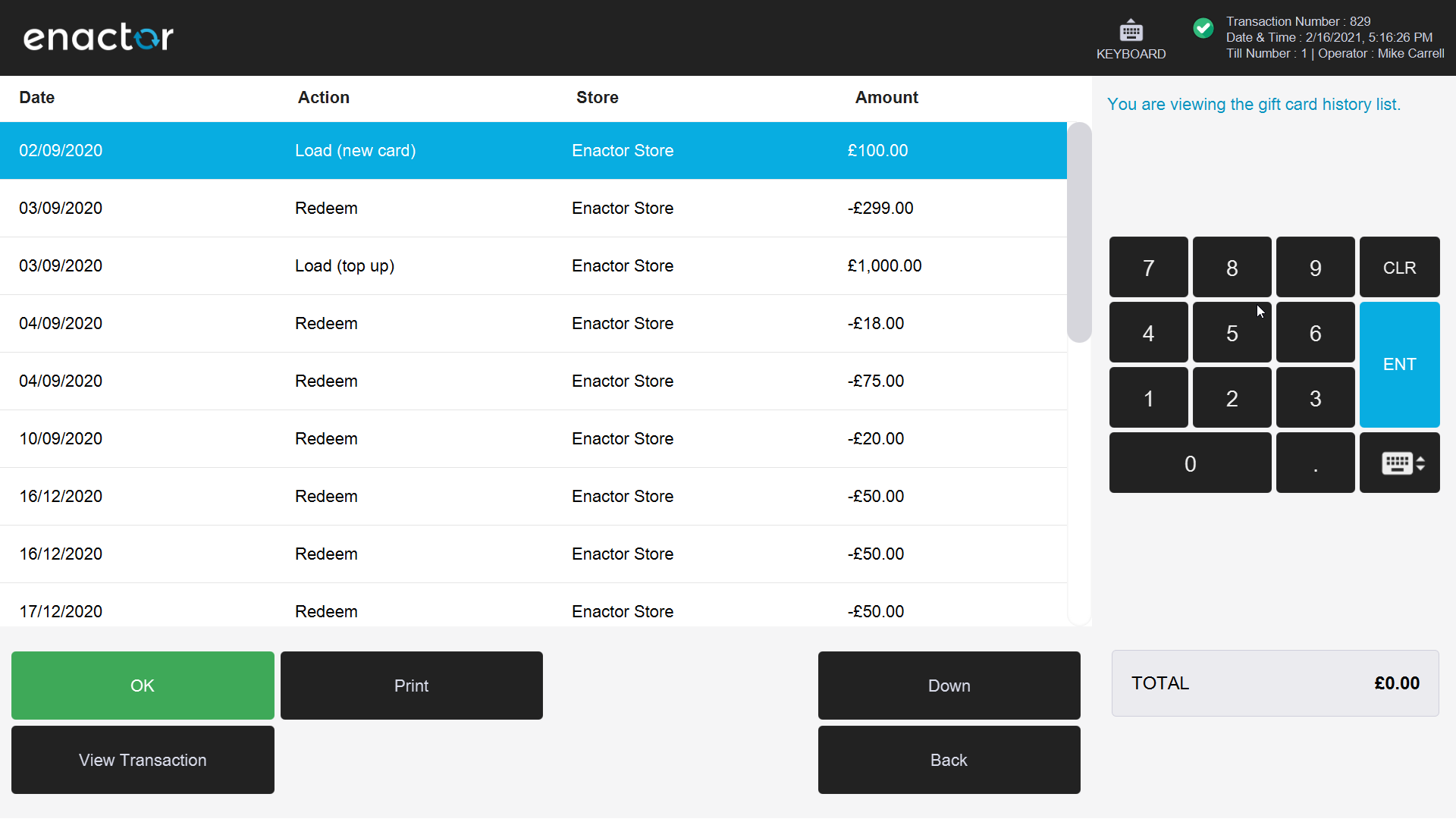 POS Gift Card History screen showing a list of previous transactions for the card.