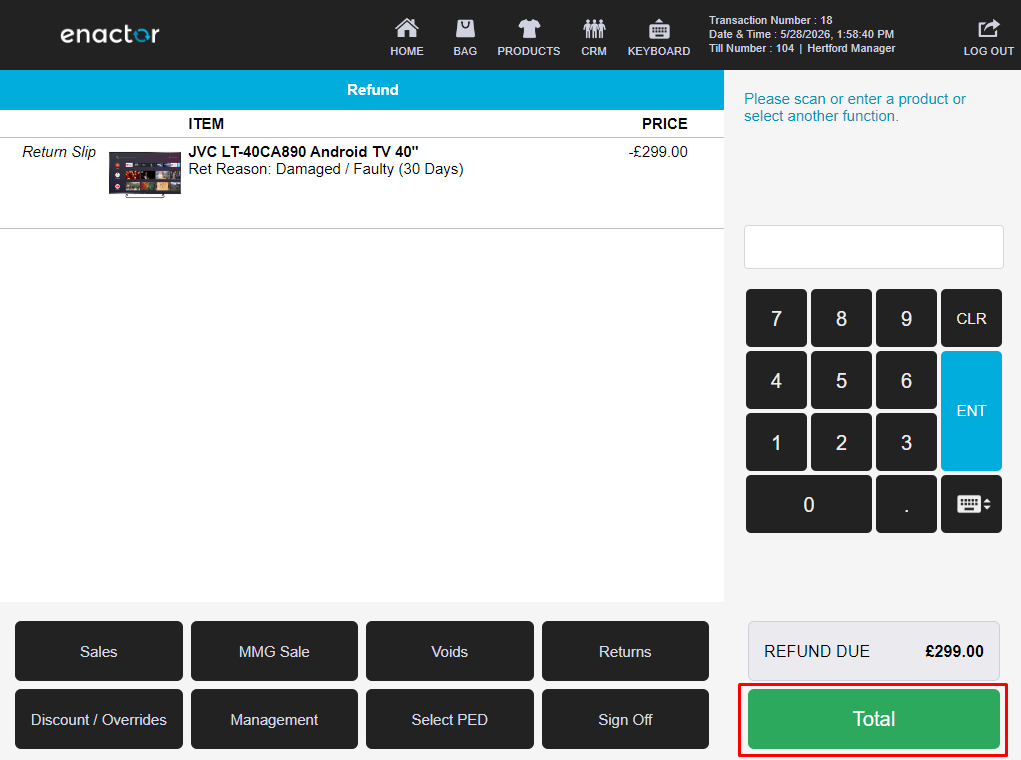 POS refund screen for receipt return. JVC TV Return Slip of -299.00 GBP is shown. REFUND DUE is 299.00 GBP and the Total button is highlighted.