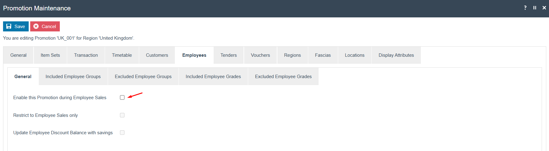 Promotion Maintenance Employees General tab showing Employee Sale options including Enable, Restrict, and Update Employee Discount Balance settings.