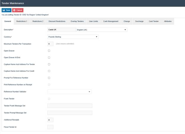 Tender Maintenance General tab for Tender ID CRD. Description is 'Cards UK', Currency is 'Pounds Sterling', Maximum Tenders Per Transaction is 0.