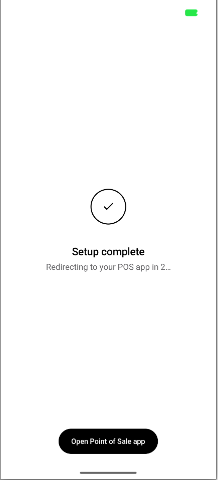 Adyen MPOC app displaying 'Setup complete' and a countdown redirecting to the POS app.