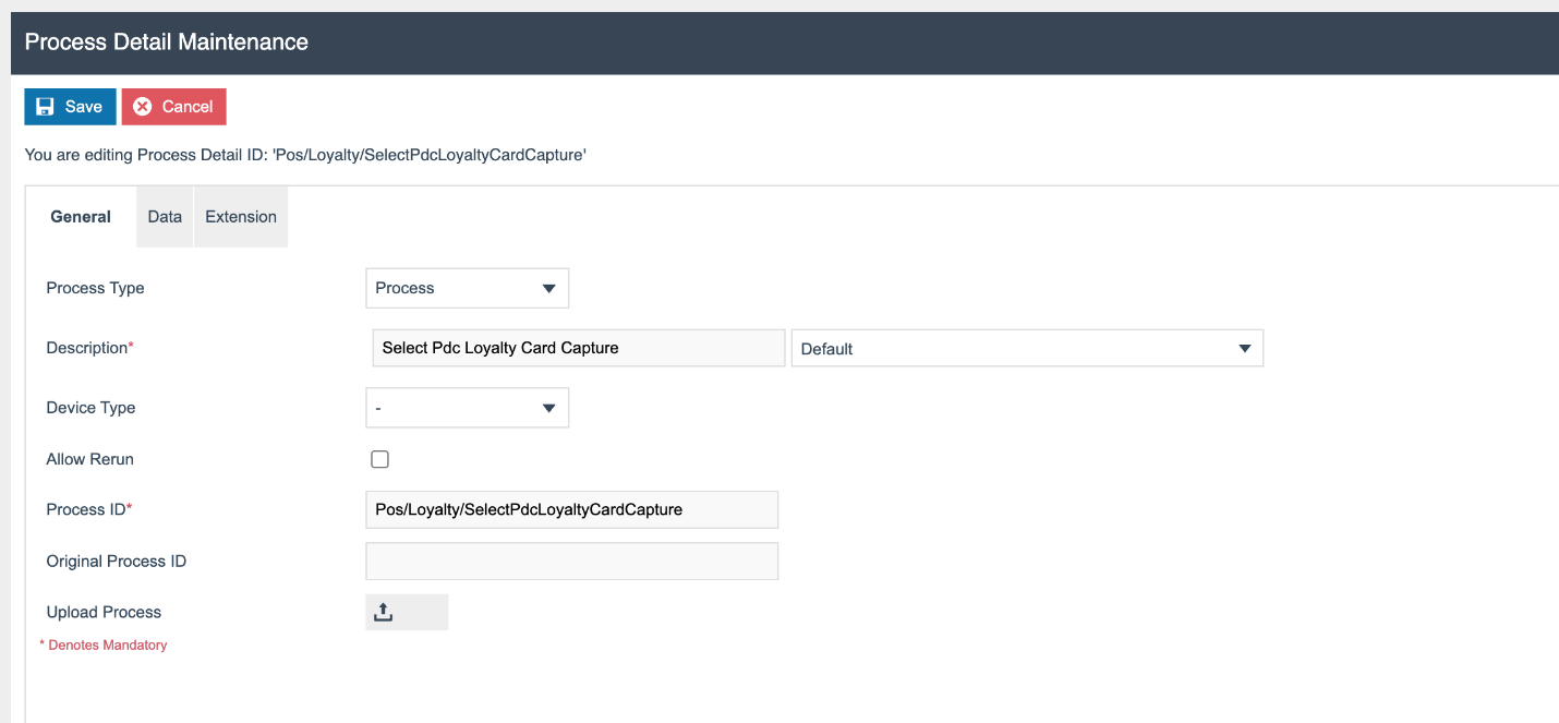 Process Detail Maintenance General tab showing Process ID set to Pos/Loyalty/SelectPdcLoyaltyCardCapture