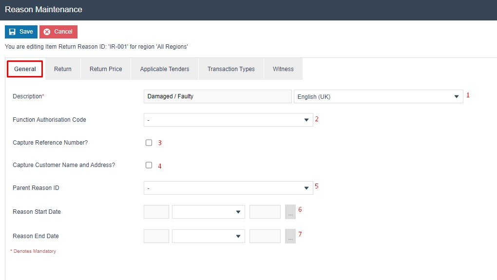 Reason Maintenance General tab for IR-001. Description is 'Damaged / Faulty'.