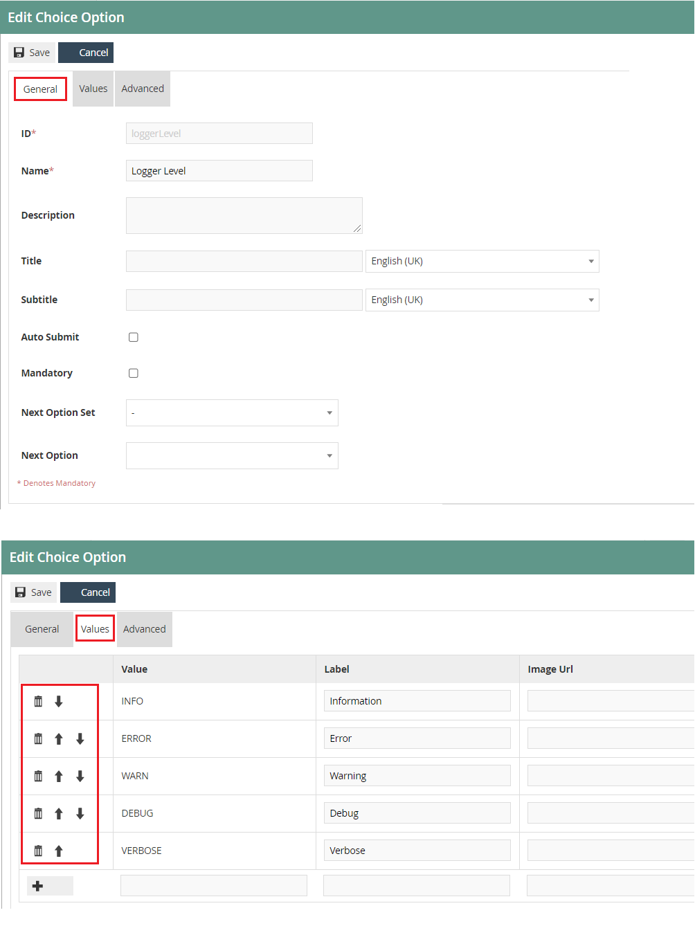 Attribute / Option Set editor showing properties with expand and collapse controls