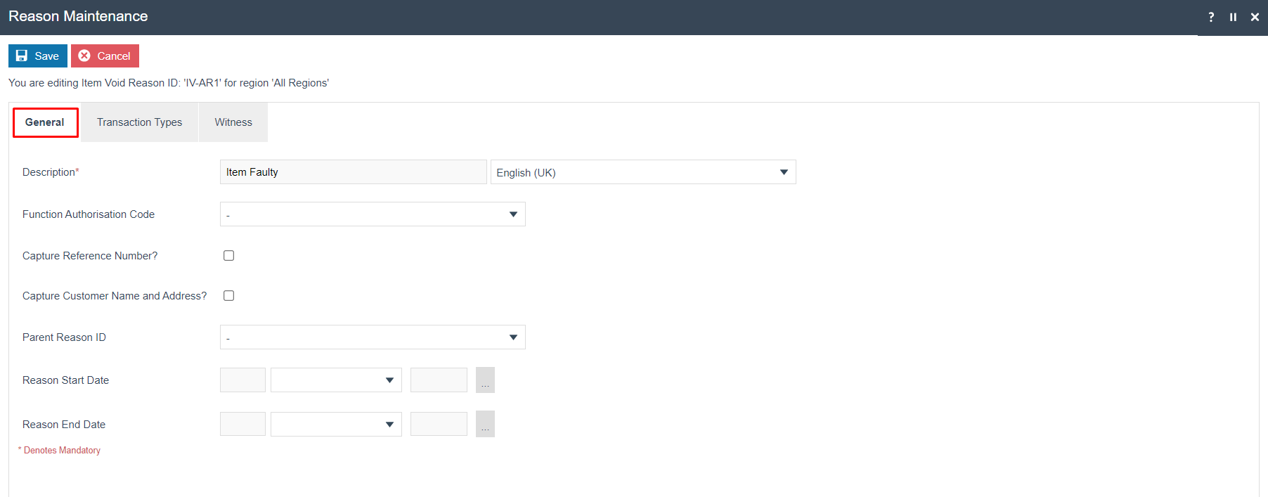 Reason Maintenance General tab for Item Void Reason IV-AR1. Description is set to 'Item Faulty' with locale English (UK). All checkboxes are unchecked and optional fields are empty.