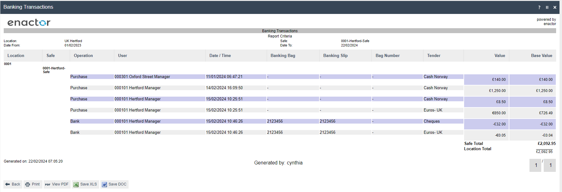 Banking Transactions report summary showing operations, tenders, values, and totals for the selected safe and date range.