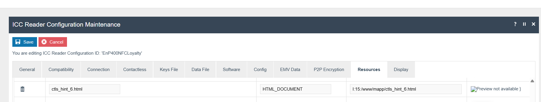 ICC Reader Configuration Maintenance Resources tab showing ctls_hint_6.html with Resource type HTML_DOCUMENT and Deployment path I:15:/www/mapp/ctls_hint_6.html.