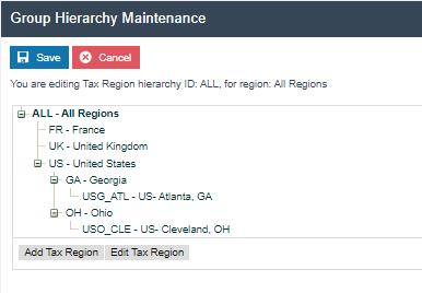 screenshot: Full US Tax Region hierarchy with Georgia and Ohio sub-regions