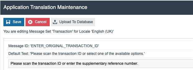 Application Translations Maintenance showing the ENTER_ORIGINAL_TRANSACTION_ID message with the updated return prompt text entered