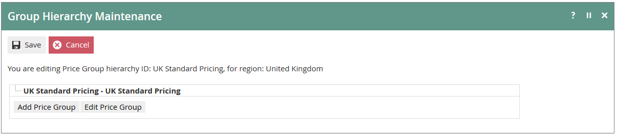 Group Hierarchy Maintenance edit mode showing the Add Price Group option for the hierarchy