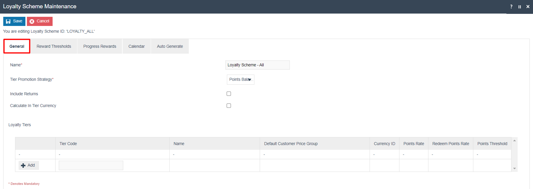 Loyalty Scheme General tab showing Name, Tier Promotion Strategy, Calculate In Tier Currency, and Loyalty Tiers fields.