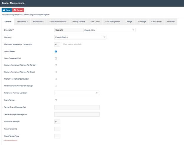 Tender Maintenance General tab for CSH in United Kingdom. Description is Cash UK, Currency is Pounds Sterling, and Open Drawer is checked.
