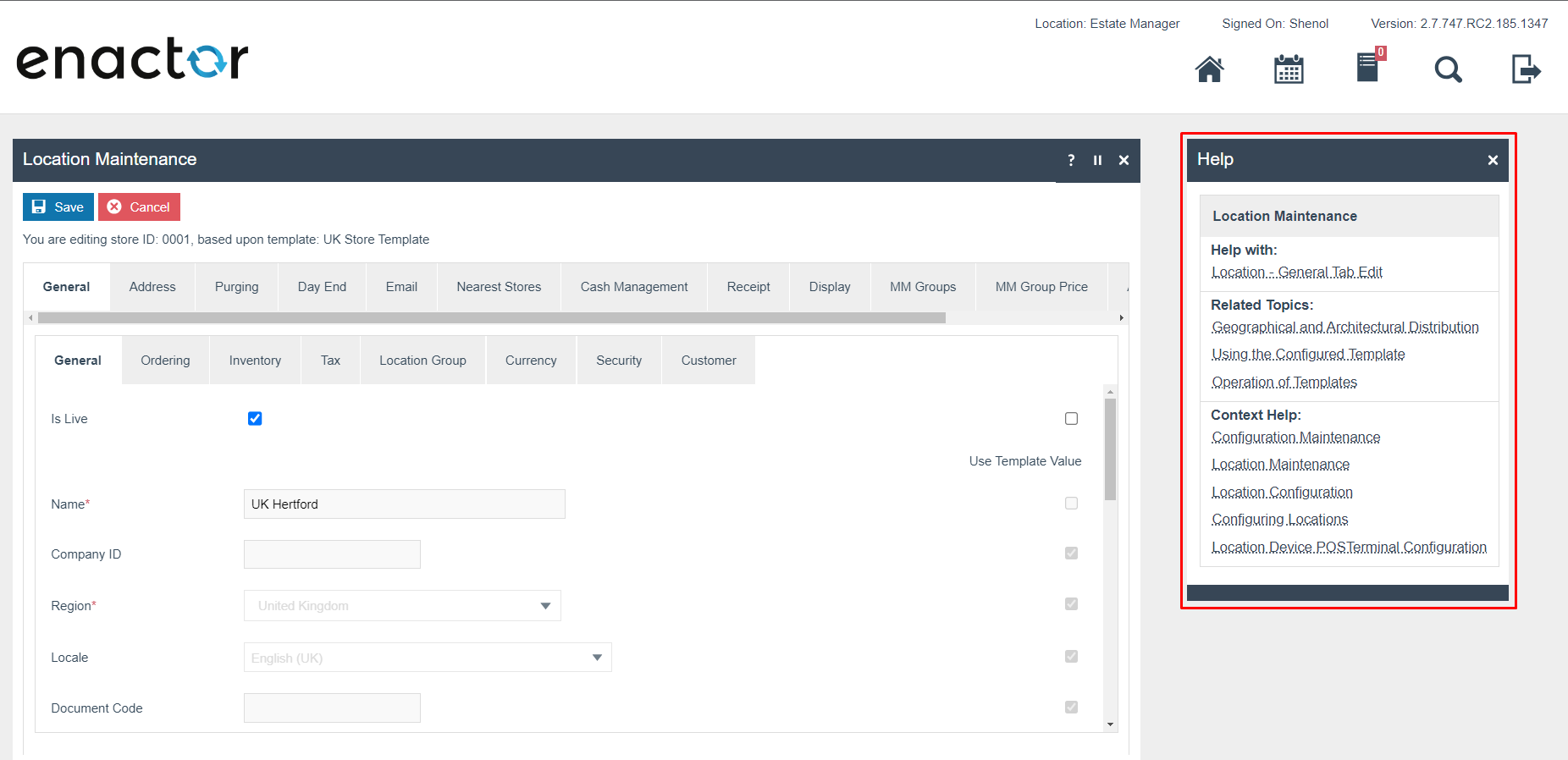 Location Maintenance page with the Help Panel open on the right side, showing Help With, Related Topics, and Context Help sections.