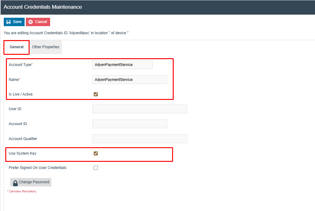 Account Credentials Maintenance General tab for AdyenMpoc. Account Type is set to AdyenPaymentService, Name is AdyenPaymentService, Is Live/Active is checked, and Use System Key is checked.