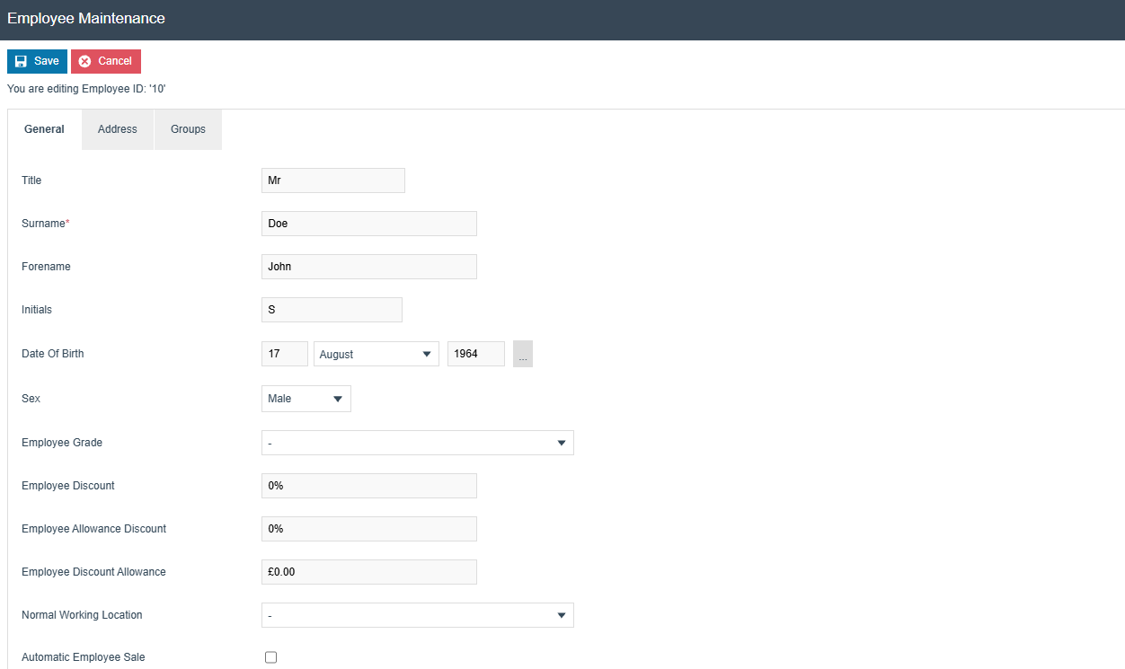 Employee record General tab showing Normal Working Location, Automatic Employee Sale, and discount fields.